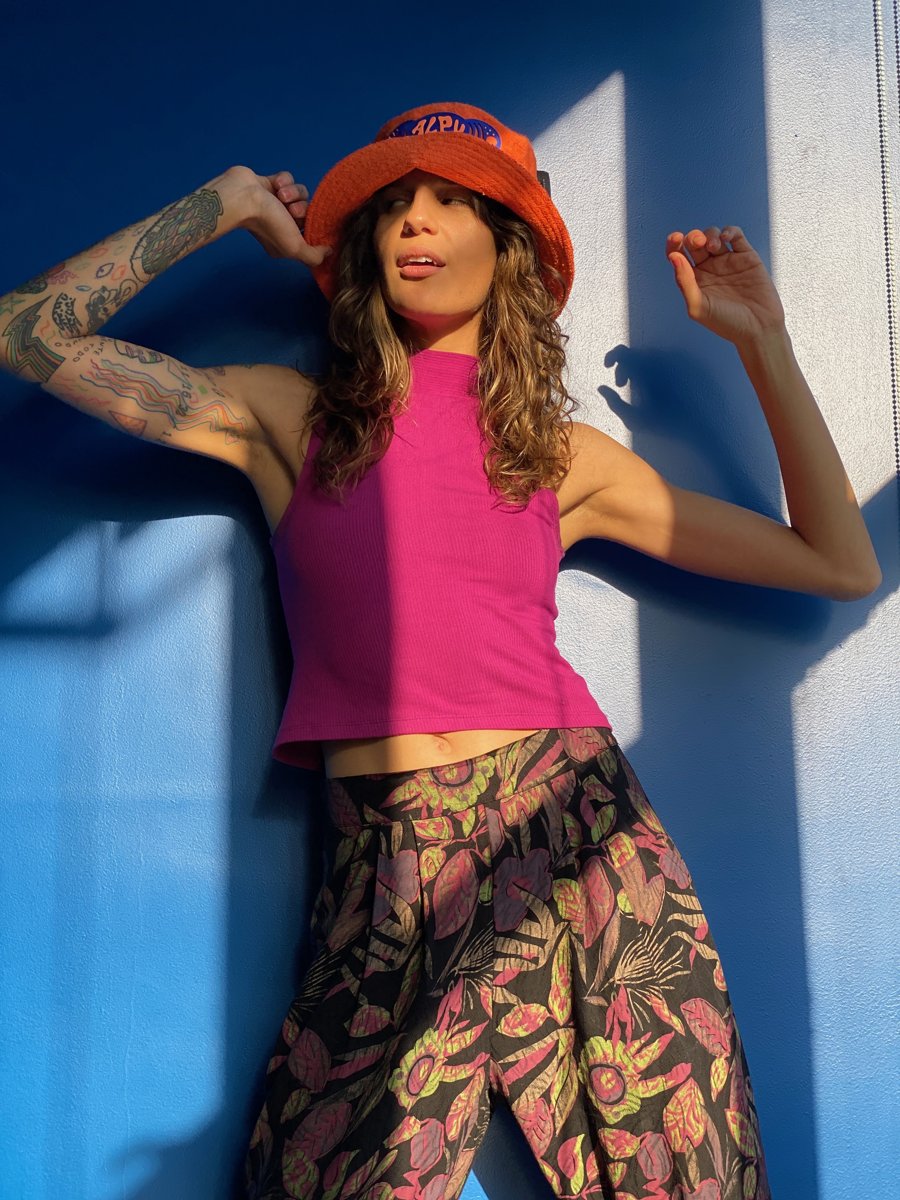 Orange hat against blue